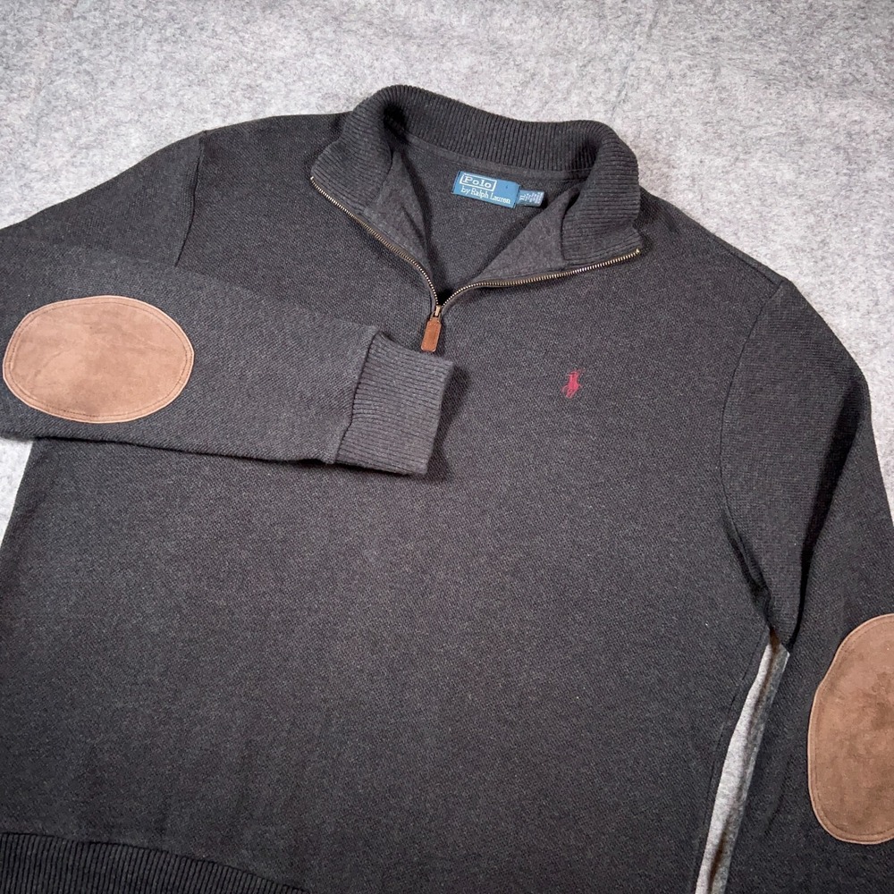 VTG Polo Ralph Lauren Sweater Mens XL Gray 1/4 Zip Leather Elbow‎ Patches Cotton